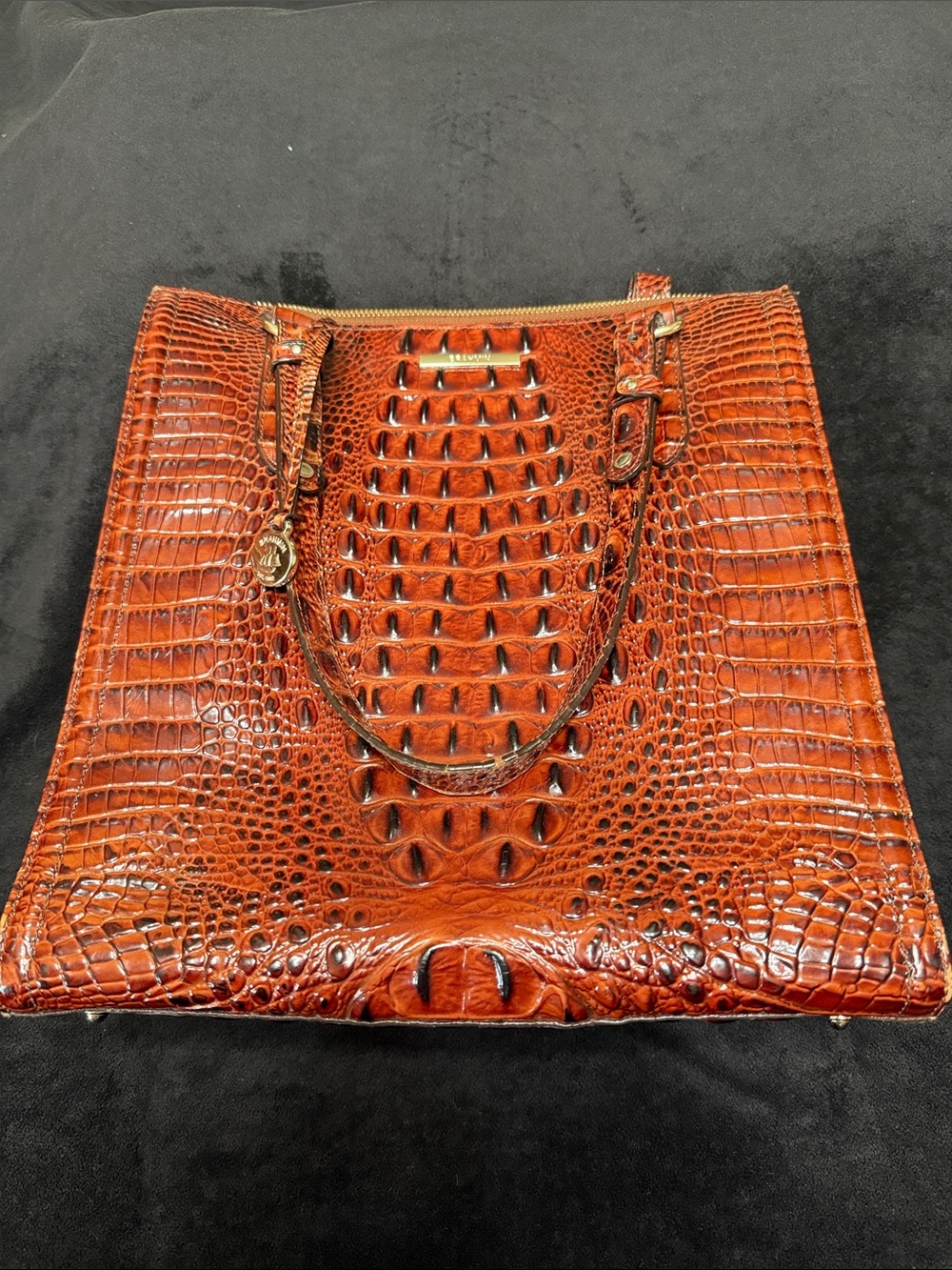 Brahmin Croc-Embossed Satchel in Cognac Brown